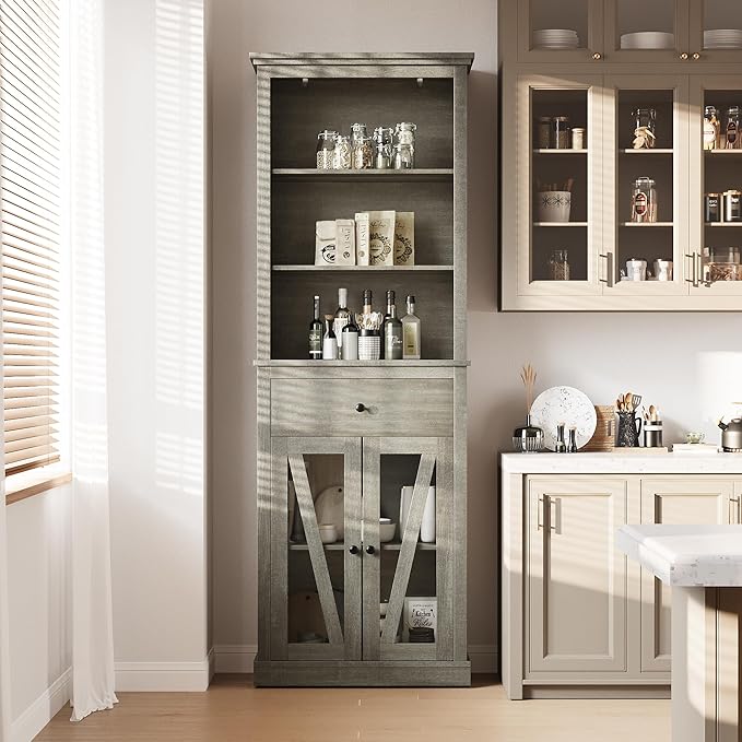Farmhouse Bathroom Storage Cabinet,Tall Bathroom Shelf with Customizable Shelves,Adjustable Bookshelf Organizer for Living Room, Grey
