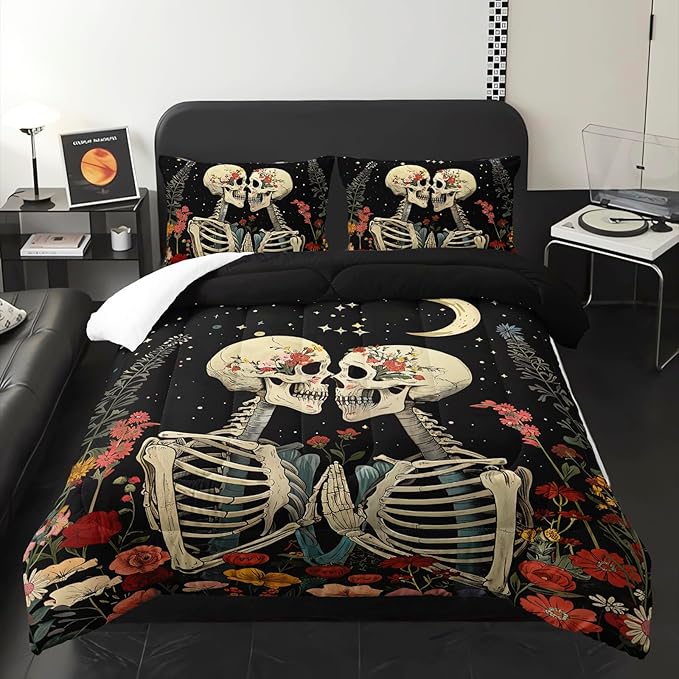 Black Gothic Skull Flower Queen Comforter Set，Quilt Queen Size Bedding Set Gothic，with 1 Comforter with 2 Pillow Case，Skull Room Decor for Bedroom