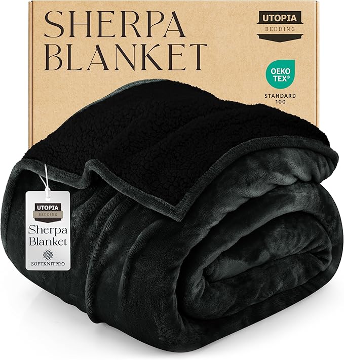 Utopia Bedding Sherpa Blanket Twin Size (Black, 90x66 Inches) - Soft Lightweight Plush Fleece Reversible Blanket for Bed, Sofa, Couch, Camping and Travel