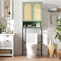 Rattan Over The Toilet Storage Cabinet, Bathroom Organizers and Storage Over Toilet with Rattan Door and Metal Stand, Tall Storage Shelves Above Toilet, Wood Rack for Restroom, Laundry, Foam Green