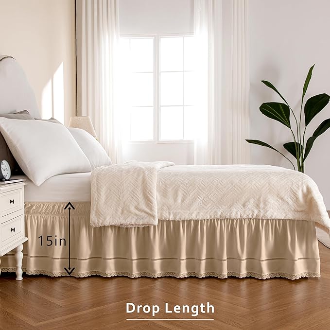 MIYE Wrap Around Ruffled Lace Bed Skirt, Elastic Dust Ruffle with Adjustable Belts, Easy to Put On, Bed Frame Cover, Machine Washable (Floral Lace/Beige, King/Queen-15 Drop)