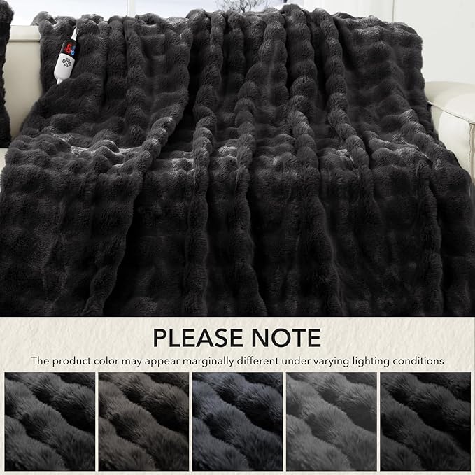 Faux Rabbit Fur Bubble Electric Blanket Twin Dark Grey - Ultra Soft Cozy Luxury Heated Blanket Twin with 6 Heating Levels & 10 Timer Settings, Washable and Decor Gifts for Home (62" x 84")
