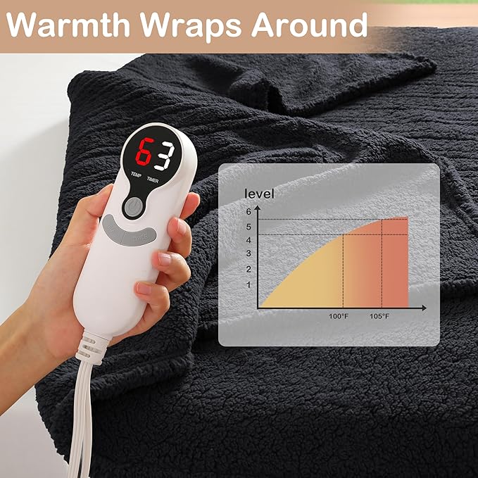 Electric Heated Blanket 6 Heating Settings & 10H Auto Off Full 72×84 Double Sided Plush Sherpa Ultra-Soft Warm Thick, Machine Washable, Fast Heating, Home Office Black