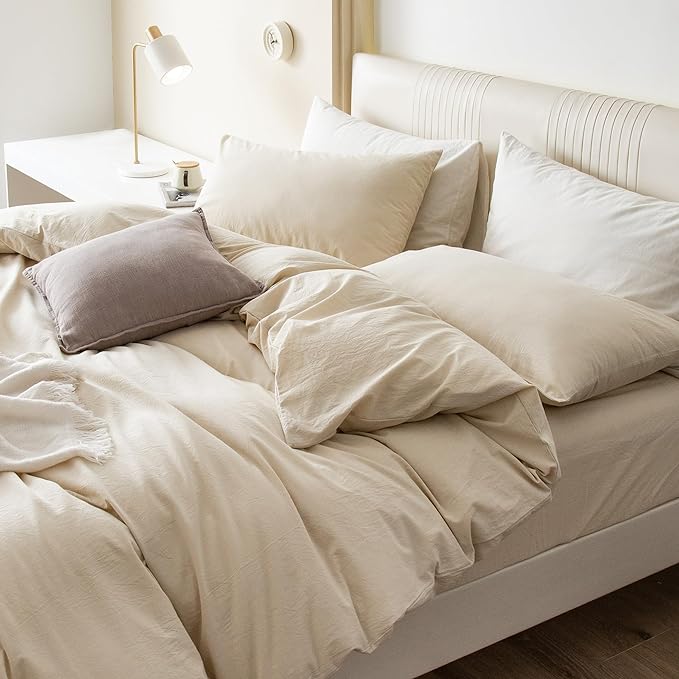 JIYUAN 100% Washed Cotton Duvet Cover Set 3 Pieces Queen, 1 Duvet Cover 90x90 Inches(Comforter Not Included) and 2 Pillowcases,Linen Feel Bedding Set Comfy and Breathable,Heathered Beige