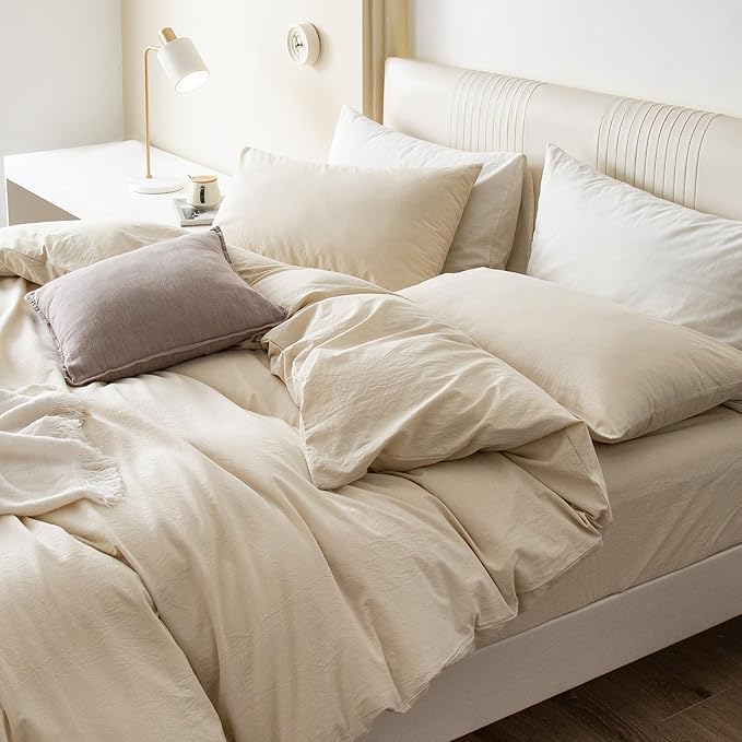 JIYUAN 100% Washed Cotton Duvet Cover Set 3 Pieces Cal King, 1 Duvet Cover 104x98 Inches (Comforter Not Included) and 2 Pillowcases,Linen Feel Bedding Set Comfy and Breathable,Heathered Beige