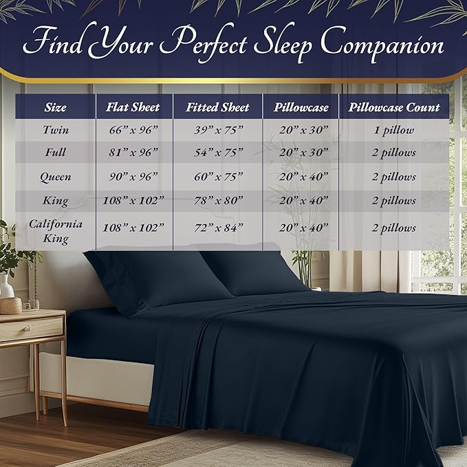 DECOLURE 100% Viscose Derived from Bamboo Sheets Queen Size 4pcs - Ultra Soft & Luxuriously Cooling, 17" Deep Pocket, Double Stitching, Perfect for Hot Sleepers - Queen Bed Sheets (Navy Blue)