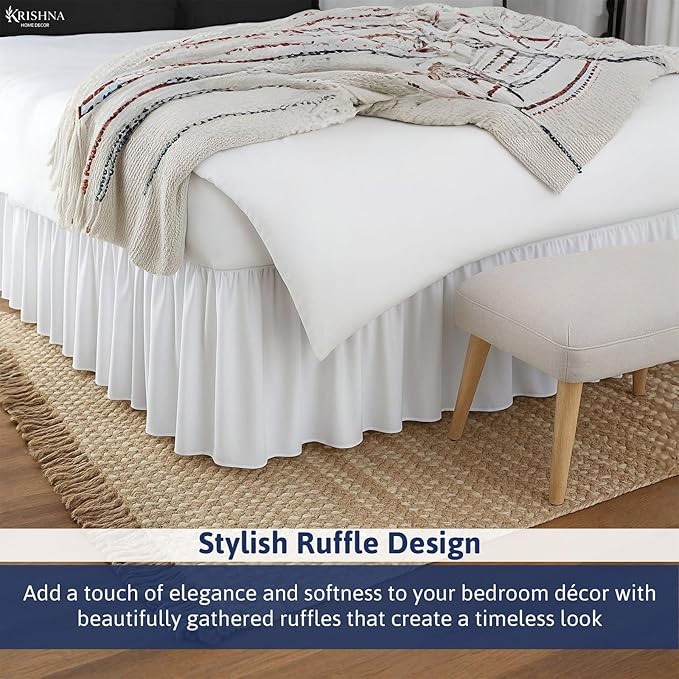 KRISHNA Ruffled Bed Skirt with Split Corners King, 100% Microfiber Hotel Quality, 15 Inch Drop Dust Ruffle Gathered Bedskirt with Platform, 78" x 80", White