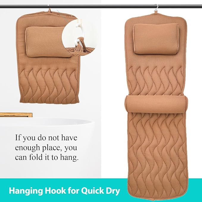 AEROiVi Full Body Bath Pillow with Adjustable Lumbar Roll Pillow Bathtub Cushion with 14 Suction Cups 3D Air Mesh Fit Any Tub Gray Bathroom Accessories Brown