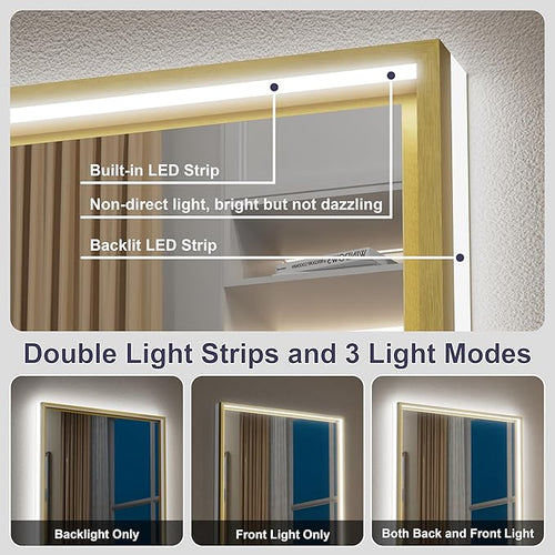 20x28 Inch Gold LED Bathroom Mirror, Front and Backlit Controlled Separately, Lighted Bathroom Vanity Mirror, 3000K/4500K/6000K, Wall Mounted, Dimmable, Anti-Fog, Horizontal/Vertical
