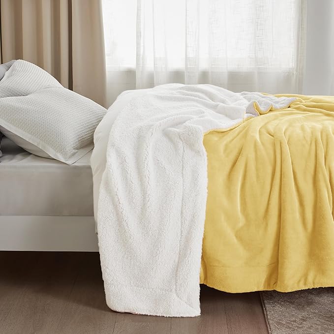 Bedsure GentleSoft Sherpa Fleece Blankets Queen Size for Bed - Thick and Warm Throw for Women and Men, Soft Fuzzy Plush Queen Blanket for Winter, Yellow, 90x90 Inches
