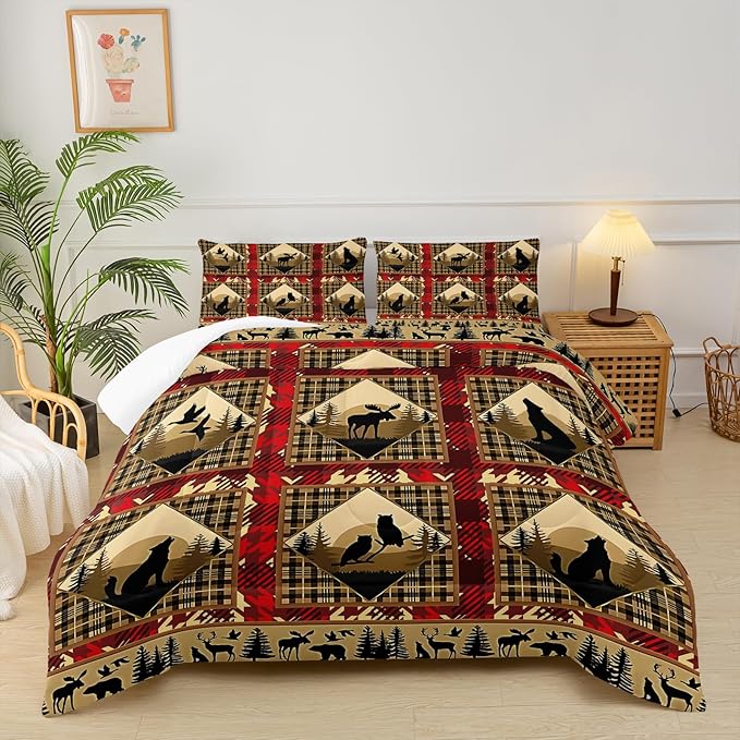 Red and Black Plaid Comforter Set Queen，Queen Size Bedding Set Animal Print，Rustic Farmhouse Quilt Bedding Sets Queen，Animal Print Bedroom Decor，with 1 Comforter with 2 Pillow Case