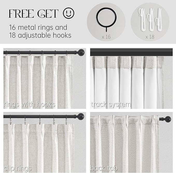 Topfinel Pinch Pleat Full Blackout Curtains & Drapes 84 Inch Length 2 Panels Set, Flax Linen Room Darkening Soundproof Curtains with Hooks Rings for Bedroom Living Room Track System, Beige Ivory Cream