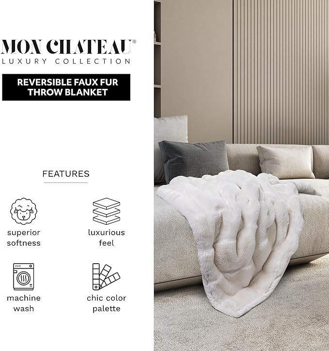 Mon Chateau 60" x 70" Hearthside Faux Fur Throw Blanket, Reversible Soft Blanket for Queen-Size Bed, Couch, or Sofa, Cozy Home Decor and Stylish Living Room Comfort, Winter Cream