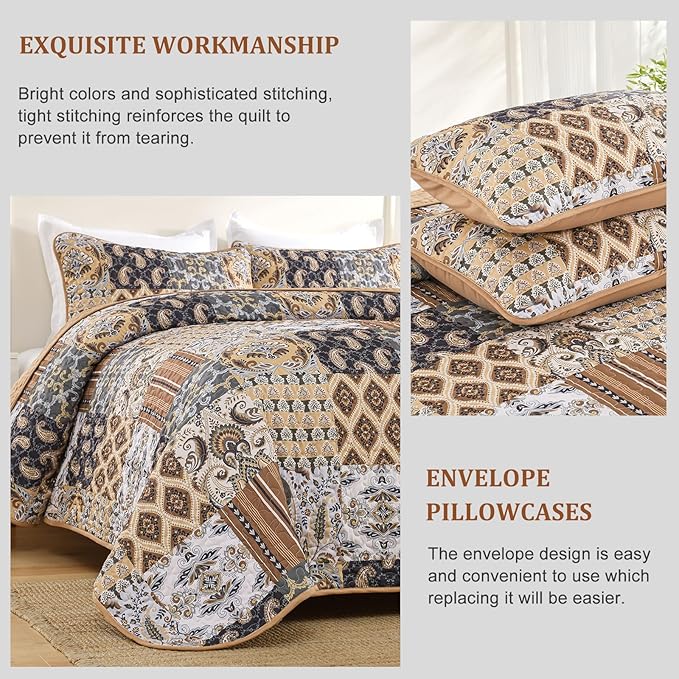 WONGS BEDDING Boho Quilt Set King Size, Dark Brown Plaid Patchwork Bedspread Bedding Set Soft Microfiber Quilt for King Bed Reversible 3 Pieces Coverlet Set for All Season (104"x90")