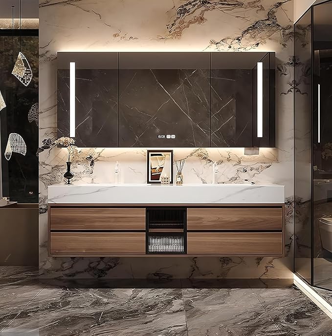 64IN Bathroom Vanity with Double Sink, Modern Bathroom Vanity with LED Smart Defog Mirror Cabinet & Integrated Ceramic Sink, Floating Vanities with Drawers and Glass Cabinet Door (Walnut)