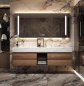 80IN Bathroom Vanity with Double Sink, Modern Bathroom Vanity with LED Smart Defog Mirror Cabinet & Integrated Ceramic Sink, Floating Vanities with Drawers and Glass Cabinet Door (Walnut)