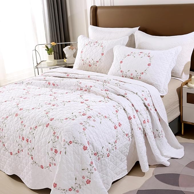 Quilt Set Circular Floral 3D Embroidery Pattern 3 PCS 100% Cotton Reversible Quilted Embroidered Decorative Bedspreads Coverlet Set, Lightweight &Soft King Size White Bedding Coverlet for All Season