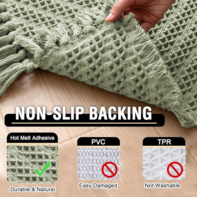 H.VERSAILTEX Waffle Bath Runner Rug Long Bath Mat Super Absorbent Boho Bath Rugs Non Slip Bath Runner for Bathroom Floor Machine Washable Dry Fast Bathroom Rugs with Tassels, 24" x 72", Sage