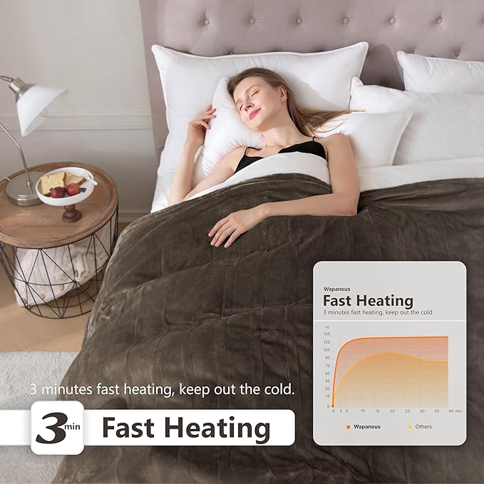 Wapaneus Heated Blanket Electric Twin Size 62"x84" with 10 Heating Levels 12 Timer Settings 8 Hours Auto-Shut Off,Flannel Fast-Heating Electric Blanket,ETL Listed Machine Washable,Dark Brown