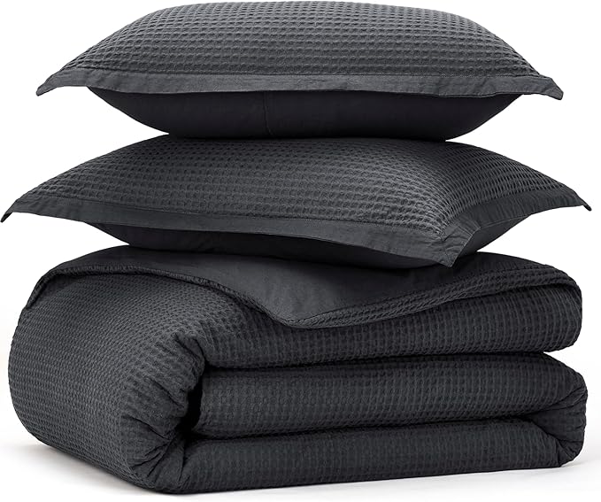 Bedsure Cotton Duvet Cover Set - 100% Cotton Waffle Weave Charcoal Duvet Cover California King Size, GentleSoft™ and Breathable Cal King Bedding Set for All Season, 3 Pieces, 104"x98"