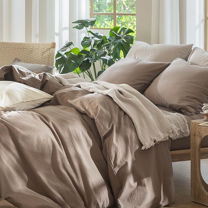 MooMee Bedding Duvet Cover Set 100% Washed Cotton Linen Like Textured Breathable Durable Soft Comfy (Solid Brown, Oversized King Plus 128"x120")