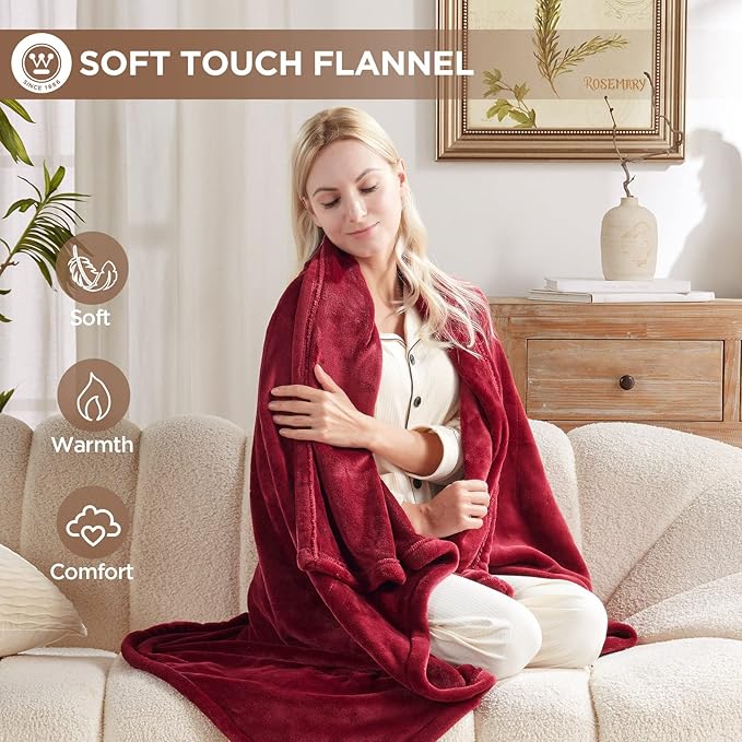 Westinghouse Heated Blanket Throw, Electric Throw with 6 Heating Levels, 2-10 Hours Time Settings, Overheat Protection, Machine Washable, Flannel (Throw, 50x60 Inches, Wine Red)