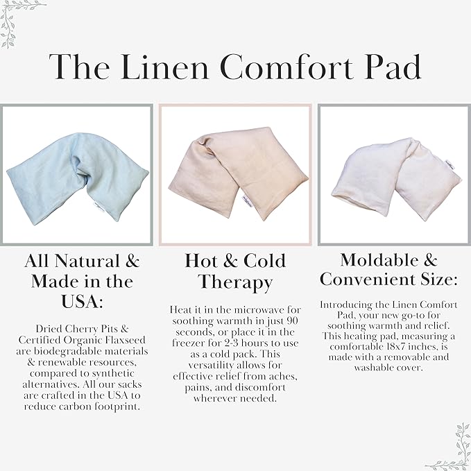 Sacksy Thyme Microwave Heating Pad - 100% Linen Cover, Unscented, Size 18x7, Comforting Heat Pad for Cramps, Back,Neck,Shoulders, Leg Pain, Hot Microwavable Heat Pack, Color: Sand, Made in USA