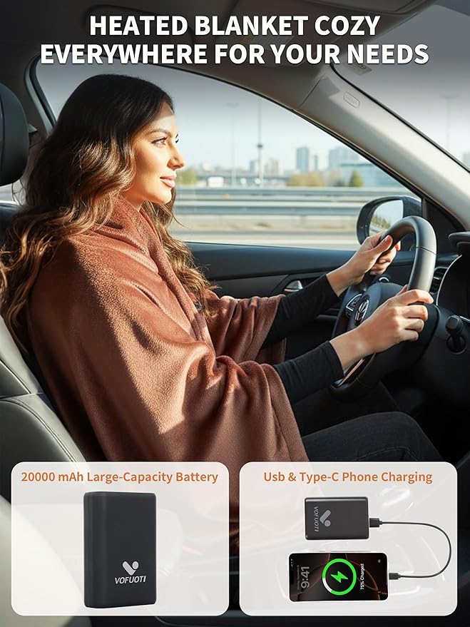 Electric Heated Blanket Battery Operated, Portable Heated Shawl for Neck and Shoulders and Back, Heating Blanket with Zipper and Pockets, 20000mAh, 3 Heating Levels, up to 8 Hours