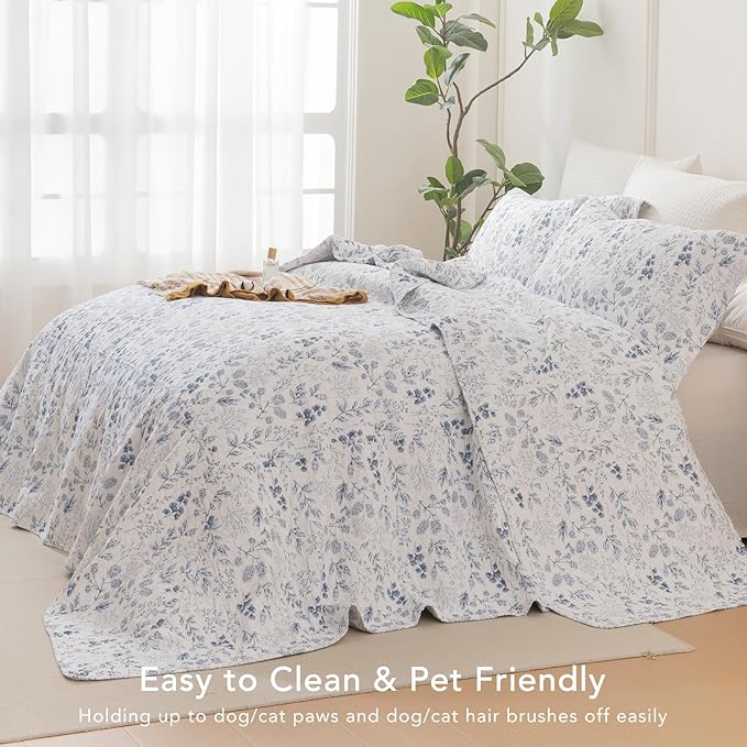 Lady Ann Oversized King Quilt Bedspreads 128x120,Cotton Blue and White Floral & Leaves Pattern California King Size Quilt Bedding Set Extra Large Lightweight Quilted Bedding Coverlet Set 3Pcs