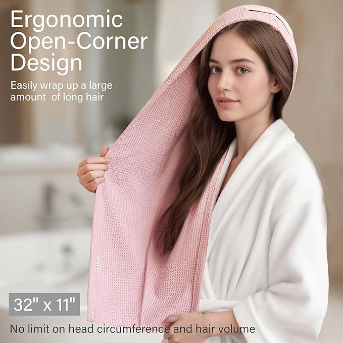2 Pack Microfiber Hair Towel Wrap for Women, 32" x 11" Waffle Weave Hair Plopping Towel for Curly, Long & Thick Hair, Anti-Frizz Hair Turbans for Wet Hair (Pink, Grey)