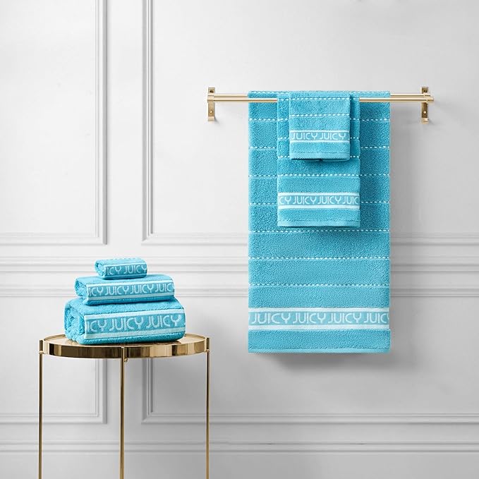 Juicy Couture Luxurious Plush Stripe 6-Piece Bath Towel Set - Pool Blue 100% Cotton - Soft and Stylish Towel Set for Ultimate Comfort and Elegance