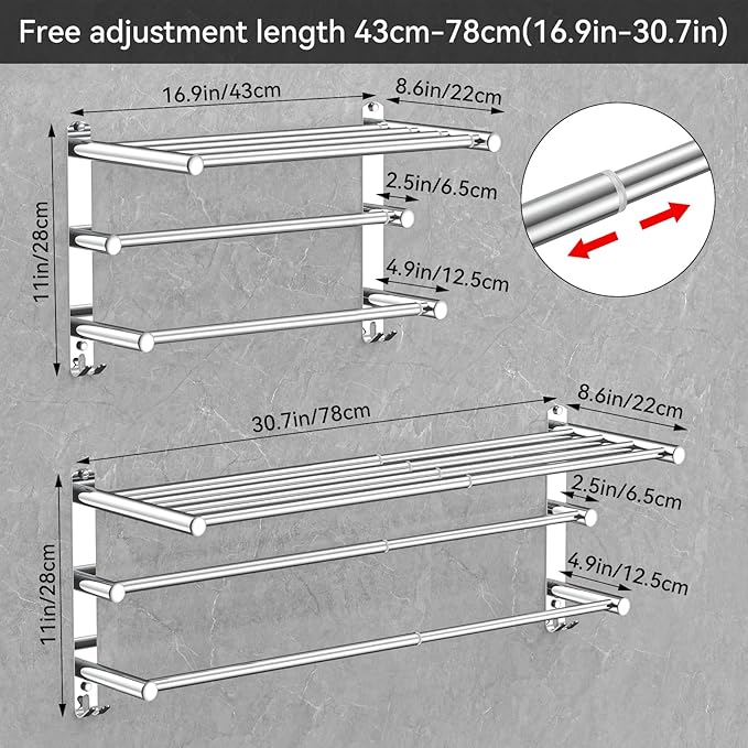 Adjustable Towel Bar for Bathroom Wall Mount17-30.7inch Adhesive Shower Towel Rack Stainless Steel Bath Towel Holders for Toilet Kitchen Double Towel Hanger (3-Layer Towel Rack)