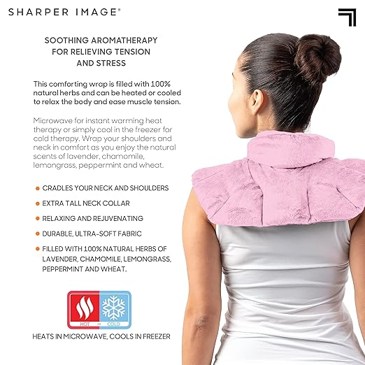 Sharper Image Heated Neck & Shoulder Wrap - Microwavable Warm & Cooling Plush Pad, Scented Aromatherapy (100% Natural Lavender & Herb Spa Blend), Pain Tension Headache Relief Therapy, Gift for Women