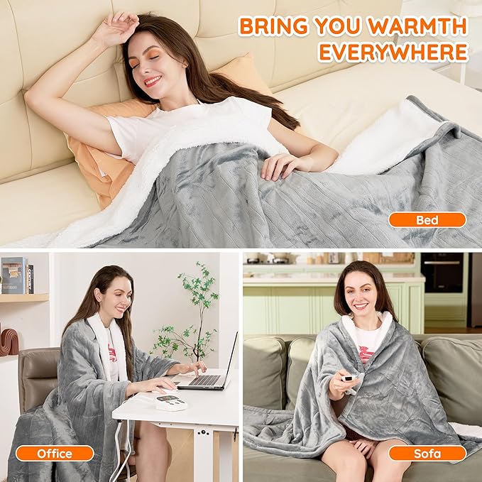 Mia&Coco Electric Blanket Twin - 62"x84" Flannel Heated Blanket,10 Heat Levels, 10-Hour Auto-Off, Fast Heating, Overheat Protection, Machine Washable, Soft Heating Blanket for Home and Office (Gray)
