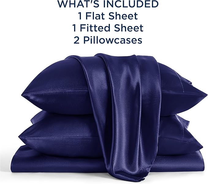 Bedsure Satin Sheets Full Size - 4 Piece Silky Bedsheets with 15 Inches Deep Pocket Fitted Bedsheet,1 Flat Sheet, 2 Satin Pillowcases, Good for Hair & Skin (Full, Navy)