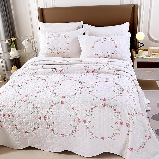 Quilt Set Circular Floral 3D Embroidery Pattern 100% Cotton Reversible Quilted Embroidered Decorative Bedspreads Coverlet Set, Lightweight &Soft Twin Size White Bedding Coverlet for All Season