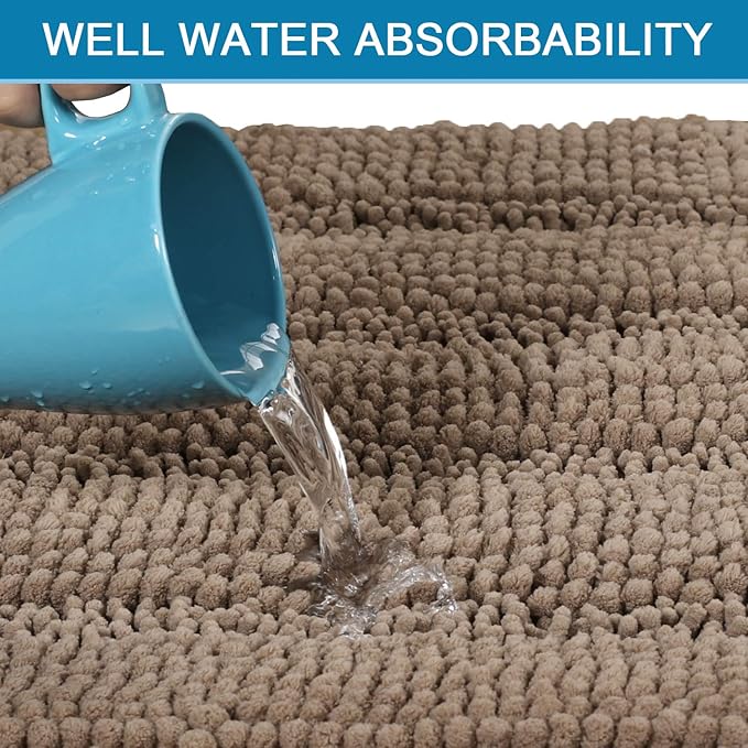 H.VERSAILTEX Bath Rugs for Bathroom Non Slip Bath Mats Extra Thick Chenille Striped Bath Rug Runners 47" x 17" Absorbent Fluffy Soft Shaggy Mats Dry Fast Plush Area Carpet for Bath Room - Taupe Brown