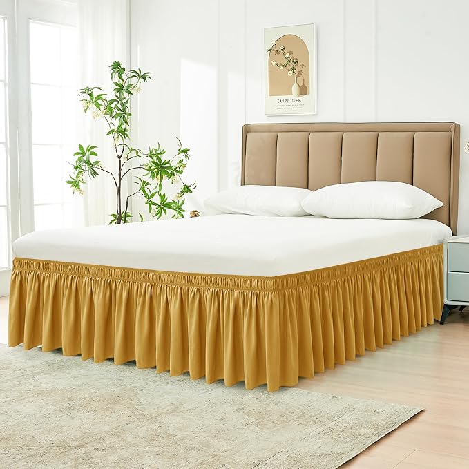 Biscaynebay Wrap Around Bed Skirts for King & Cal King Beds 14" Drop, Christmas Gold Adjustable Elastic Dust Ruffles Easy Fit Wrinkle Resistant Silky Luxurious Fabric Machine Washable