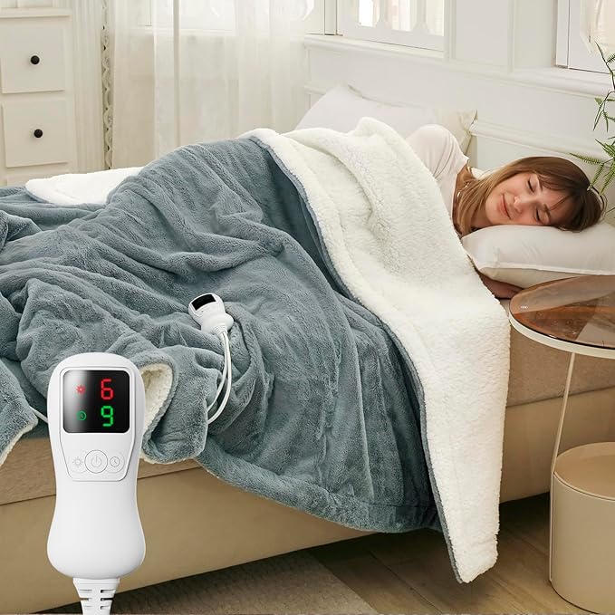 Heated Blanket Throw Size, Electric Throw Blanket, Heated Throw Blanket Electric Faux Fur Heating Blanket with 9 Heating Levels & 1-9 Hours Auto Off, Fast Heat & Overheat Protection, 50" x 60", Gray