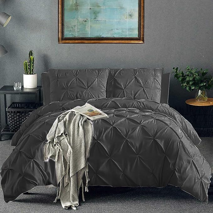 Pinch Pleated Duvet Cover Set 100% Cotton 3PC Twin Size 68x90 Duvet Cover Set, Decorative Pinch Design Dark Grey Duvet Cover with Matching Pillow Case
