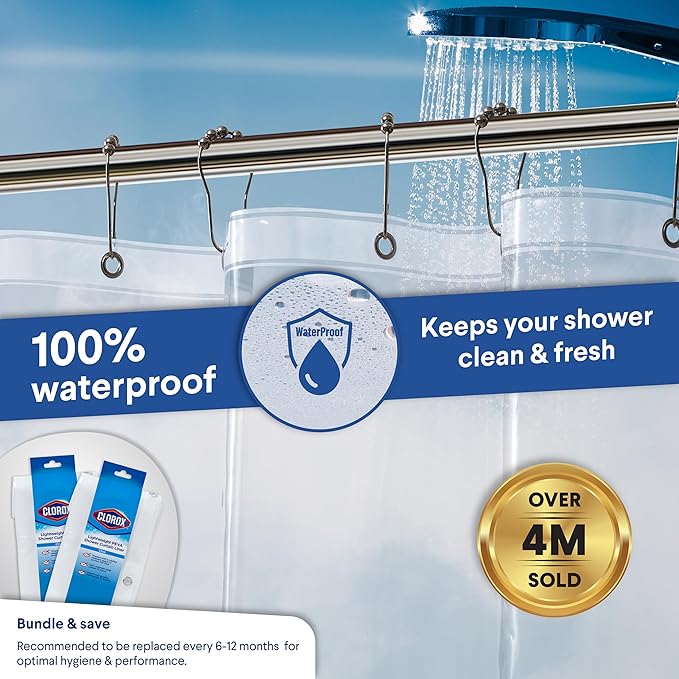CLOROX Shower Curtain Liner, Premium Lightweight Durable Waterproof 4g PEVA for Bathroom with Weighted Magnets, Standard Size 70" x 72", Clear 2 Pack