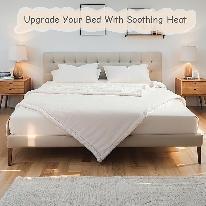 Electric Heated Blanket Queen Size 84"x90", Soft Flannel with Dual Controllers & Overheat Protection, 6 Adjustable Heat Settings & 10-Hour Auto-Off Timer, Fast Heating for Winter Comfort, White