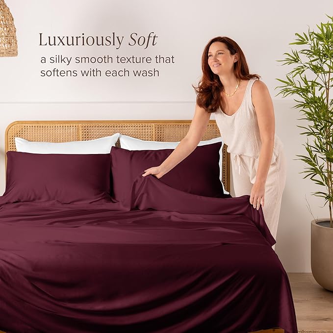 Bare Home 100% Rayon Made from Bamboo Queen Sheet Set - 4 Piece Bedding Set - Deep Pockets - Breathable - Easy Fit - Bedding Sheets & Pillowcases (Queen, Burgundy)