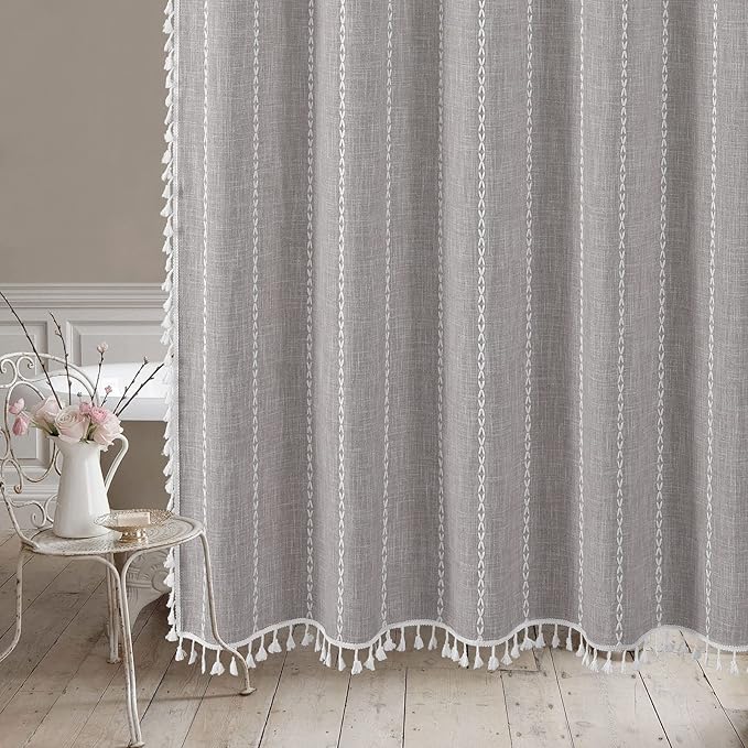 MitoVilla Boho Extra Long Shower Curtain 72 x 84, 84 inch XL Cotton Linen Tassel Fabric Shower Curtains for Vintage Country Farmhouse Bathroom Decor, Thick & Wrinkle Resistant, Brown Grey