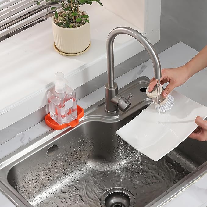 Silicone Bathroom Soap Dishes with Drain Spout-Bathroom and Kitchen Sink Organizer,Sponge Holder,Dish Soap Tray,Perfect for Dispenser,Scrubber,Bottle,Cup on Sink or Counter-Orange 4.9"×3.2"