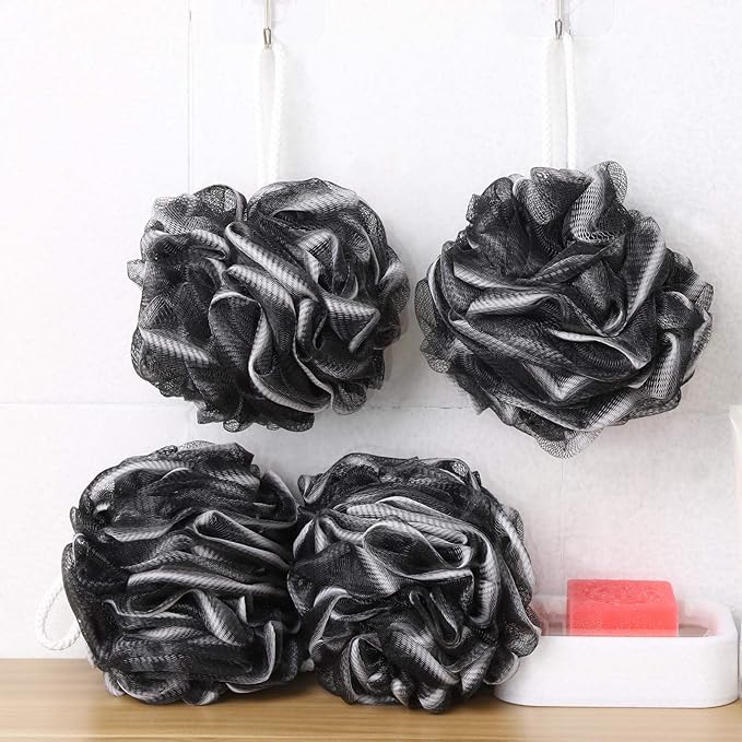 BTYMS 4 Pieces Loofah Sponge Shower Puff Exfoliating Bath Sponge 60g Mesh Pouf Bath Loofahs Black Shower Scrunchies for Bathing