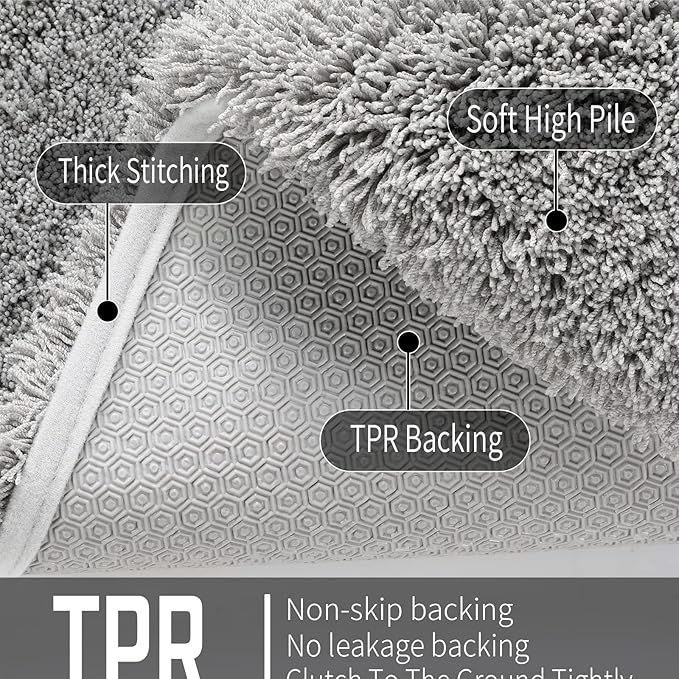 Yimobra Fluffy Plush Bath Rug, Super Shaggy Soft Comfortable Non Slip, Water Absorbent Microfiber Bath Mat, Dries Quickly, Machine Washable Thick Bathroom Rugs for Shower, 60"x 24", Pure Gray