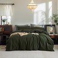 FOSSA Duvet Cover Set 100% Washed Cotton Linen Feel Super Soft Breathable Cozy 3 Pieces Bedding Sets Solid Olive Green California King