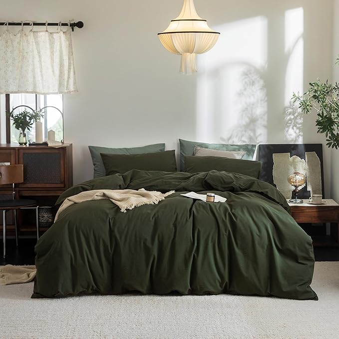 FOSSA Duvet Cover Set 100% Washed Cotton Linen Feel Super Soft Breathable Cozy 3 Pieces Bedding Sets Solid Olive Green Super Queen