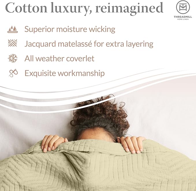 Threadmill Luxury Cotton Blankets for Twin Size Bed | All-Season 100% Cotton Twin Blanket for Bed | Aster Jacquard Lightweight, Soft & Cozy Coverlet, 350GSM, 68x90 inches | Sage Green